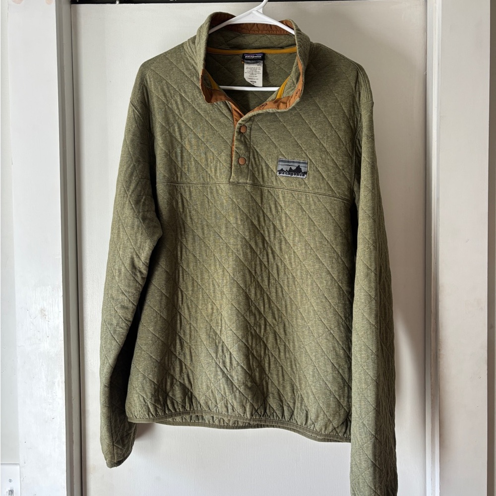 Patagonia Green and Brown Quilted Quarter Zip Pullover - Organic Cotton - M